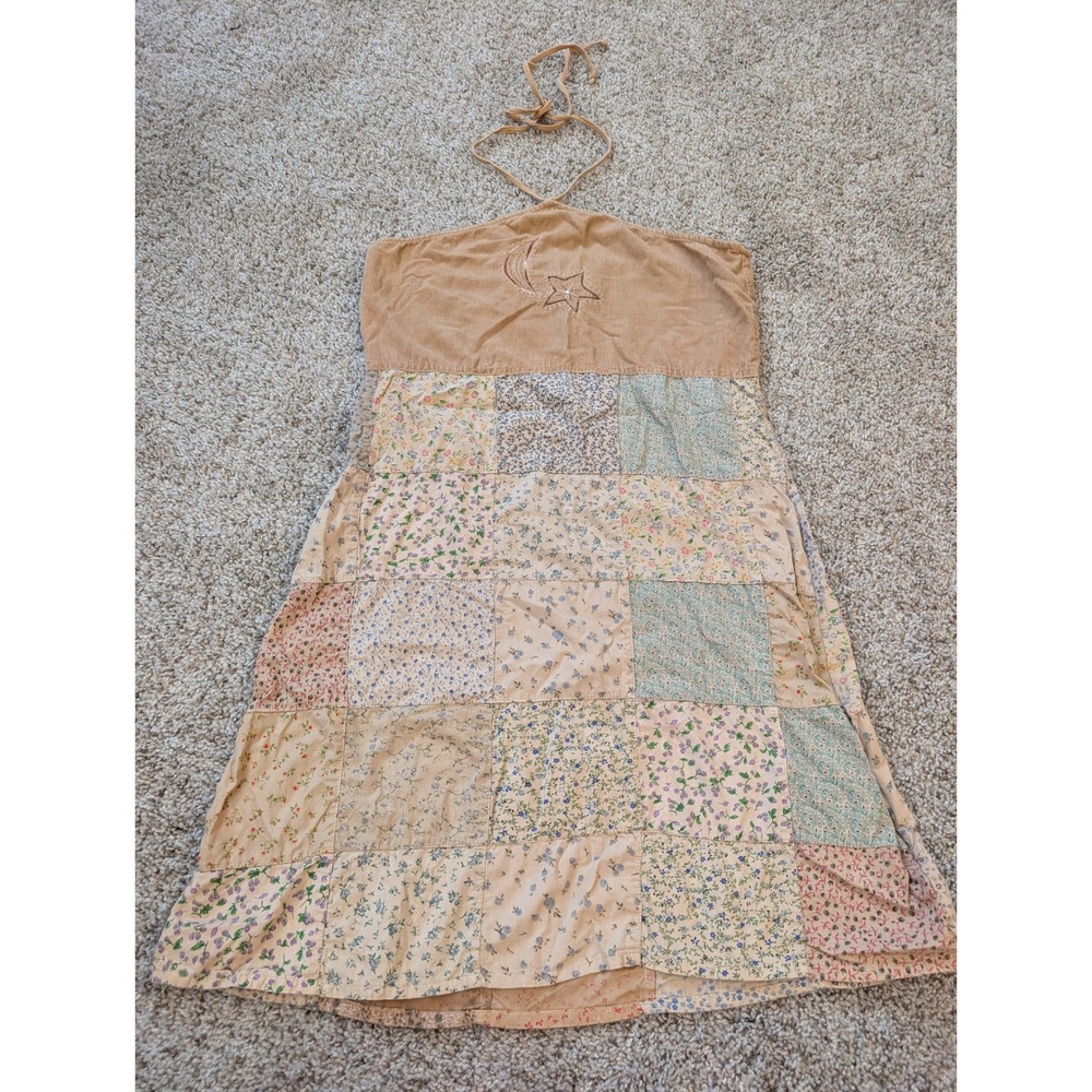 Blue Sky Tan Corduroy Celestial Patchwork Floral Halter Mini Dress Small